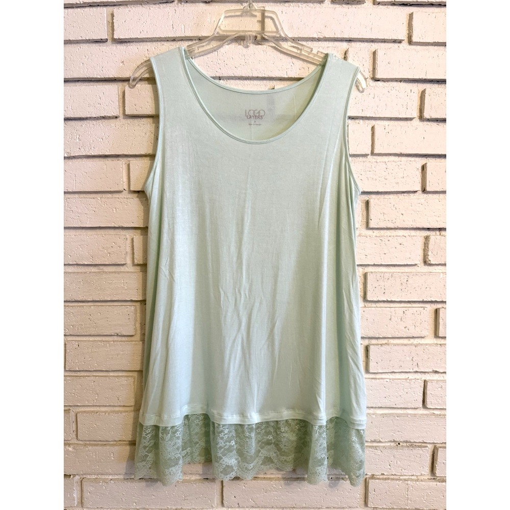 LOGO by Lori Goldstein Layers Knit Tank with Lace Mesh Hem Green Sz Med.